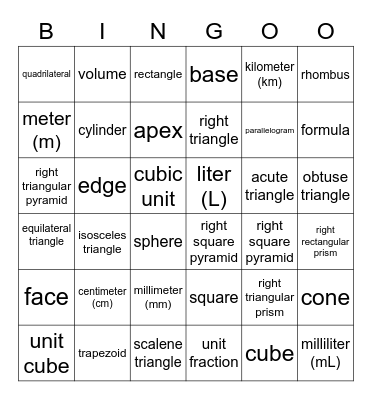 Boot Camp Math Vocabulary Bingo Card