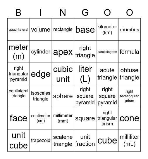 Boot Camp Math Vocabulary Bingo Card