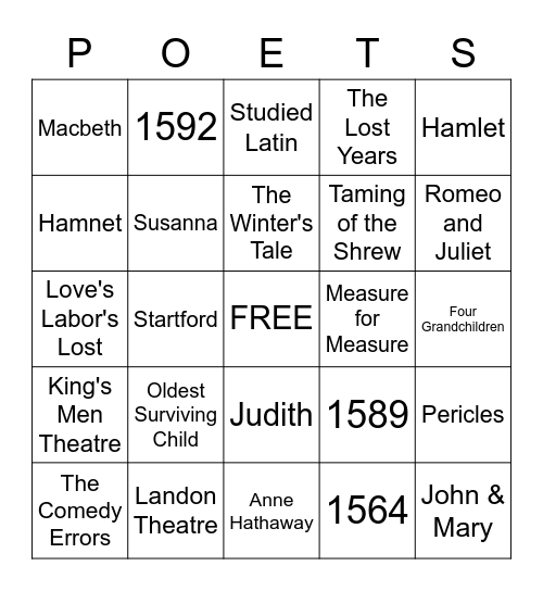 William Shakespeare's Bingo Card