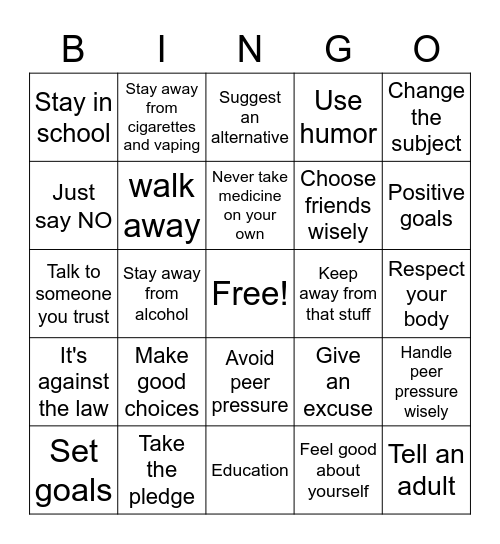 DRUG PREVENTION Bingo Card