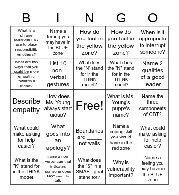 Social/Emotional Bingo Card