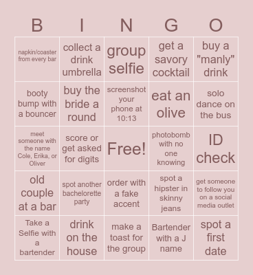 Erika's Bachelorette Bar Crawl Bingo Card