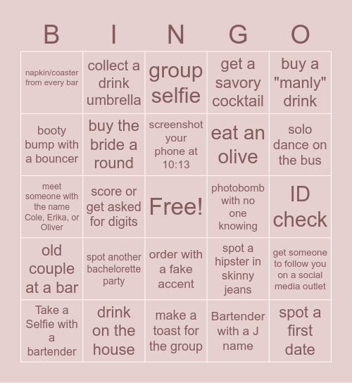 Erika's Bachelorette Bar Crawl Bingo Card