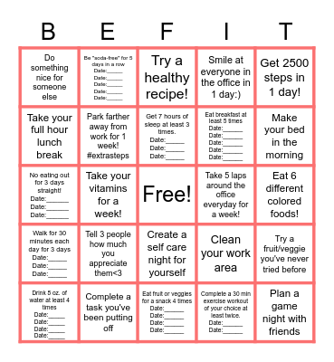 BSPM Fit Challenge Bingo Card