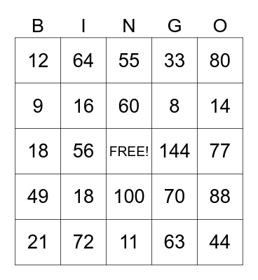 Multiplication BINGO 1 - 12 Bingo Card