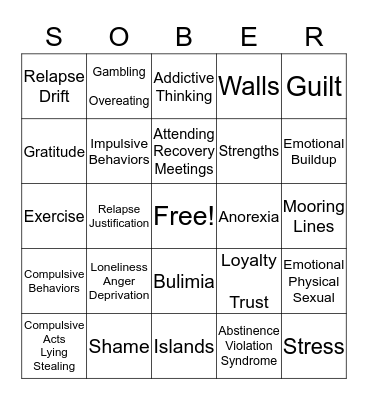 Relapse Prevention Bingo Card