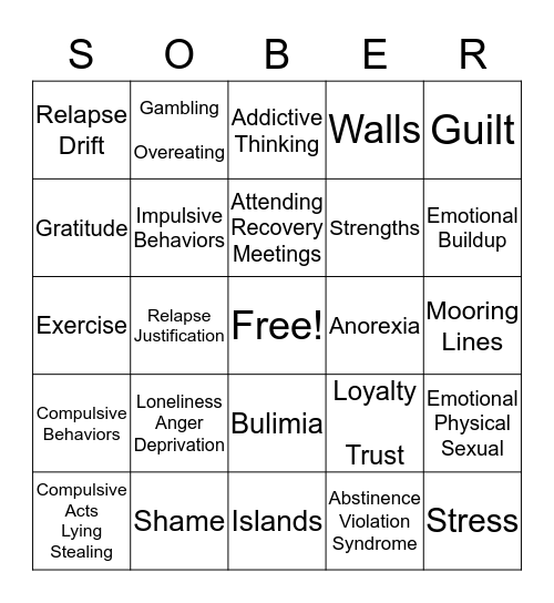 relapse prevention bingo card