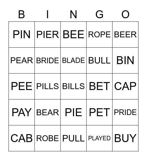 MINIMAL PAIRS /b/ and /p/ Bingo Card