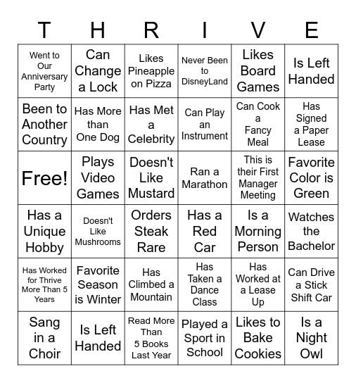 Thrive Bingo Card