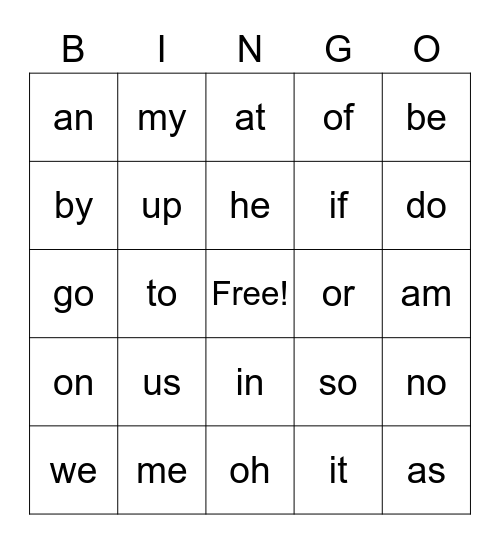 Vowel Consonant/Consonant Vowel Bingo Card