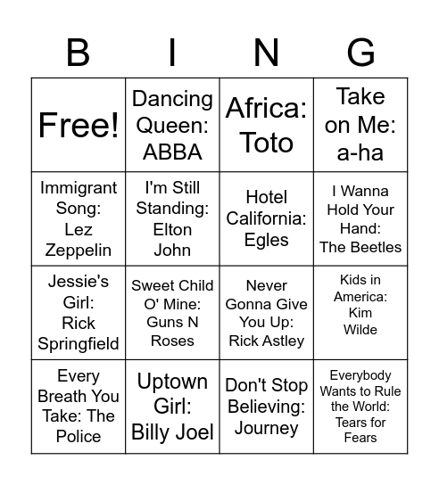 Music Music Bingo: Old School Bingo Card