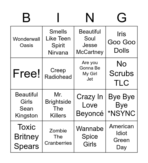 Y2K: Music Bingo Card
