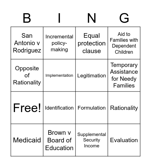 Public Policy Vocab Bingo Card