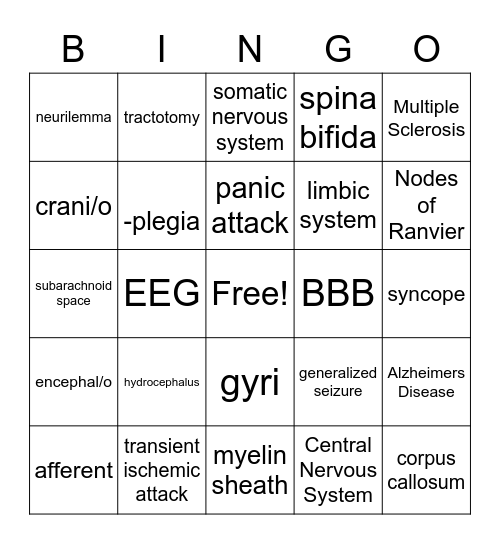 Nervous System Bingo Card