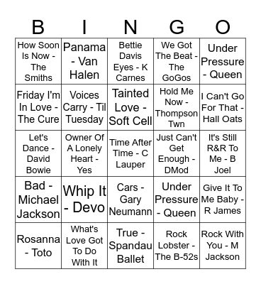 80's Music Trivia Bingo Card