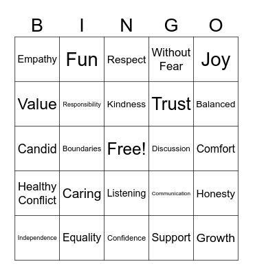 Healthy Relationships Bingo Card