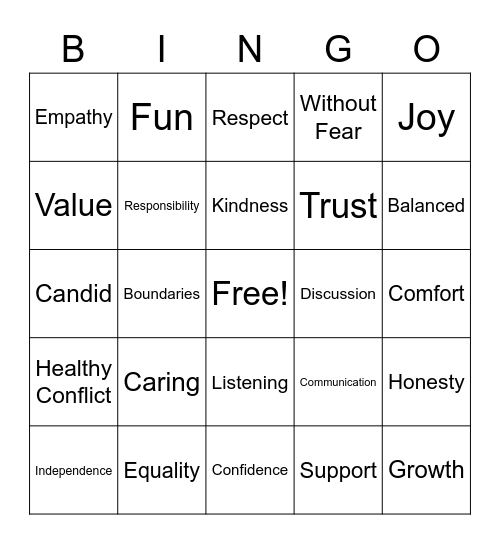 Healthy Relationships Bingo Card