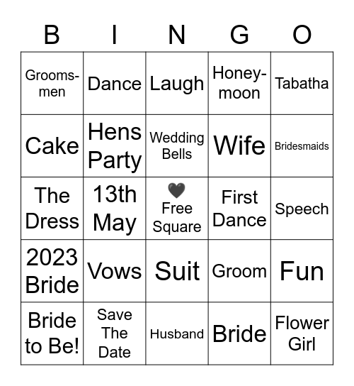 Tabatha's Hens Party Bingo Card