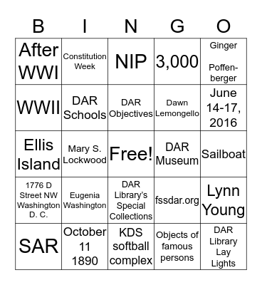 DAR Bingo Yellow  Bingo Card