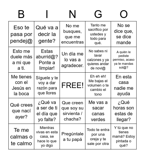 Latin, Latino, Hispanic, Chicano Bingo Card