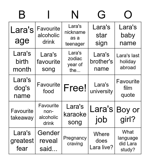 Lara Bingo Card