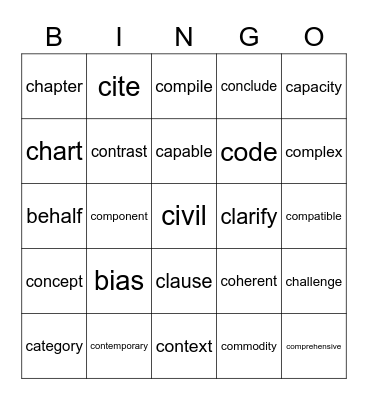 Academic Vocabulary B & C Words Bingo Card