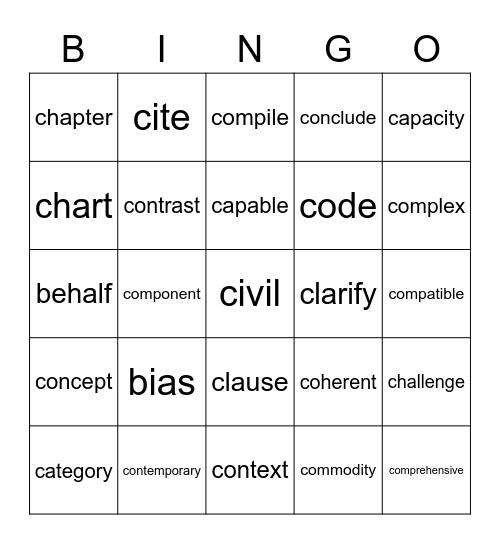 Academic Vocabulary B & C Words Bingo Card