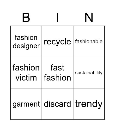 Fashion Vocabulary Bingo Card