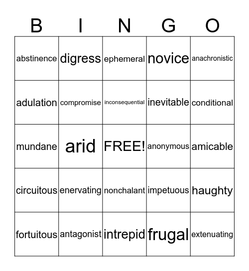 Vocabulary 1-4 Bingo Card