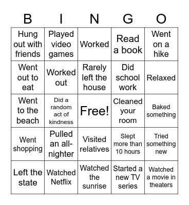 Spring Break - Peer Bingo Card