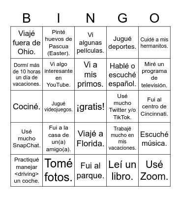 ¿Qué hiciste? Mis vacaciones de primavera Bingo Card