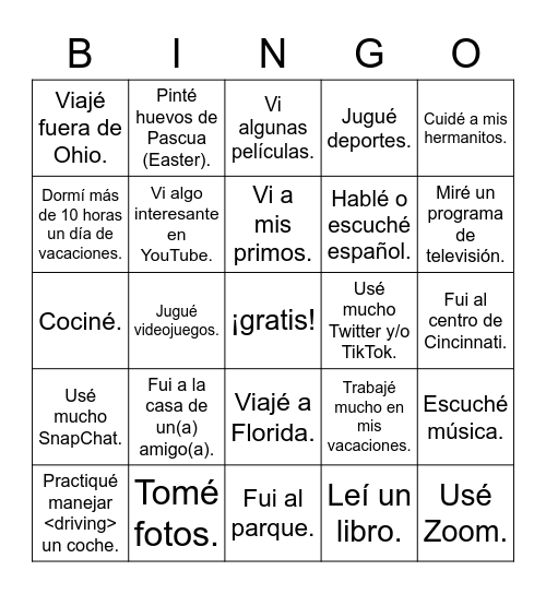 ¿Qué hiciste? Mis vacaciones de primavera Bingo Card