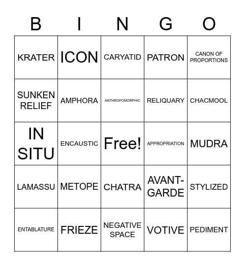 Sculpture Terms Bingo Card