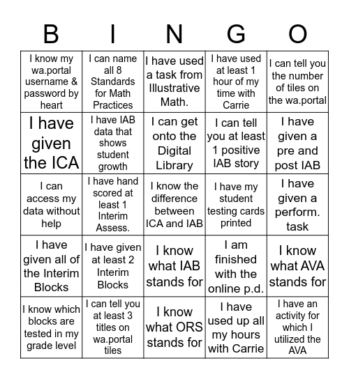Interim Assessment Bingo Card