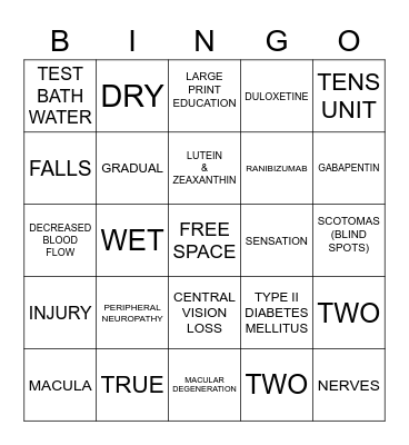 Peripheral Neuropathy & Macular Degeneration Bingo Card