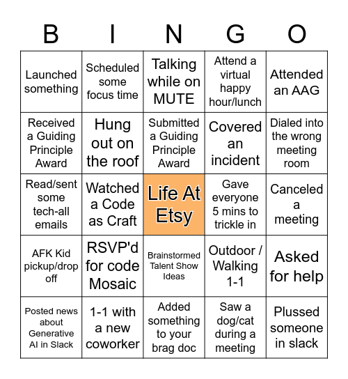 Bingo (Life at Etsy) Bingo Card