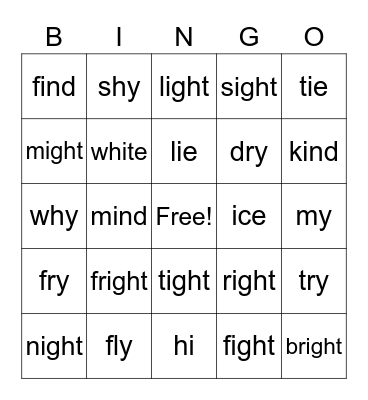 Long I Bingo Card