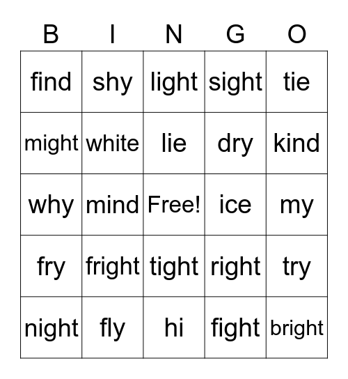 Long I Bingo Card