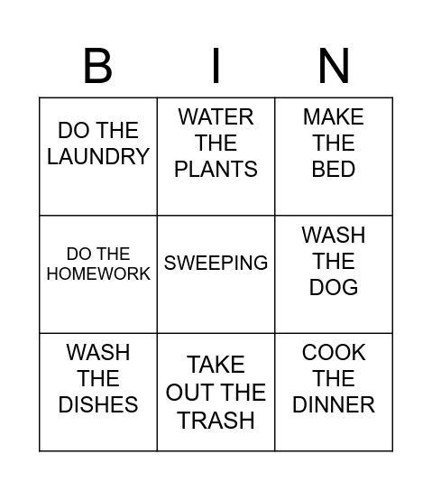 Household Chores Bingo Card