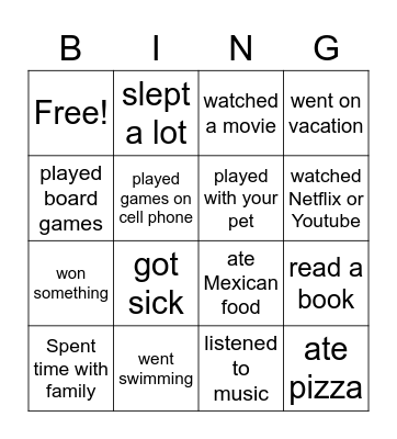 Summer Vacation Bingo Card