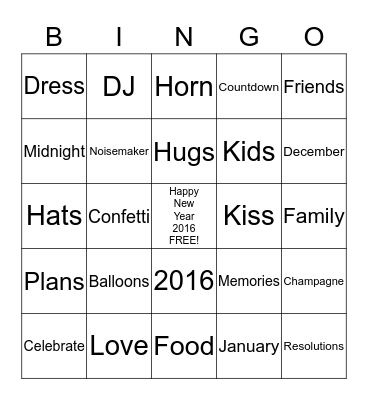 NEW YEARS EVE BINGO 2016 Bingo Card