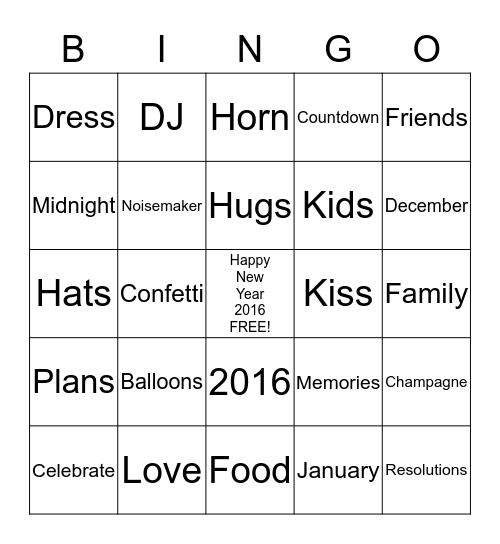 NEW YEARS EVE BINGO 2016 Bingo Card