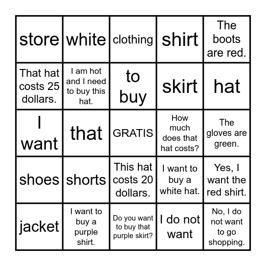 5th and 6th Grade Shopping Bingo Card