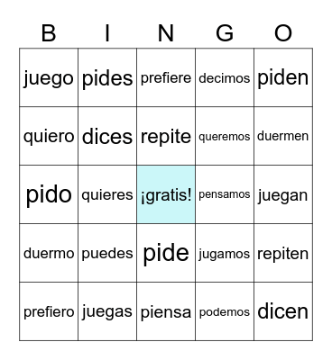 Stem changing verbs Bingo Card