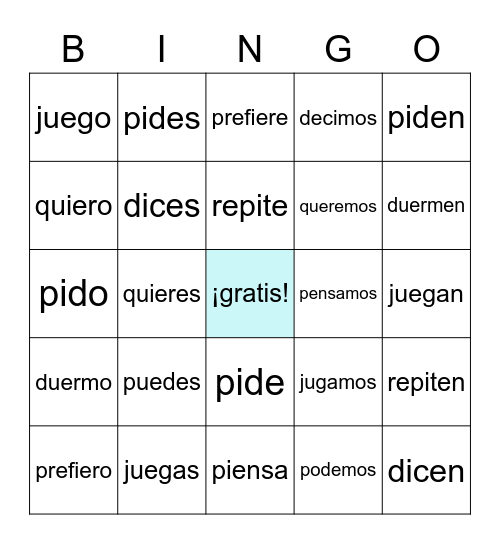 Stem changing verbs Bingo Card