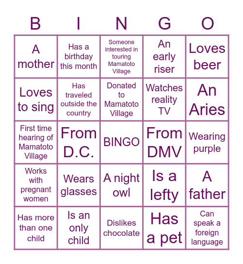 Mamatoto Village BINGO Card