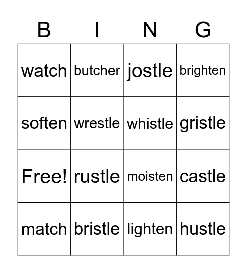 Silent T Bingo Card