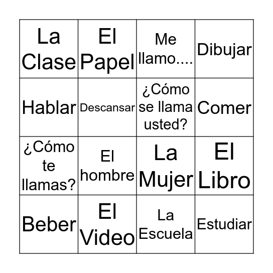 Basic Spanish Bingo Card