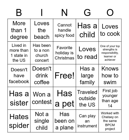 The Chelsey Bingo Card