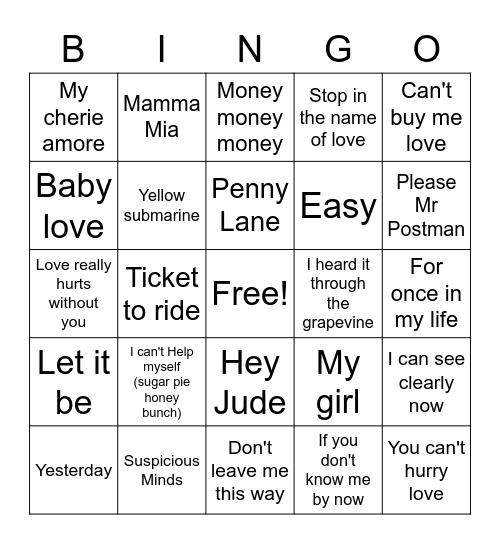 Friendship Group Music Bingo Card